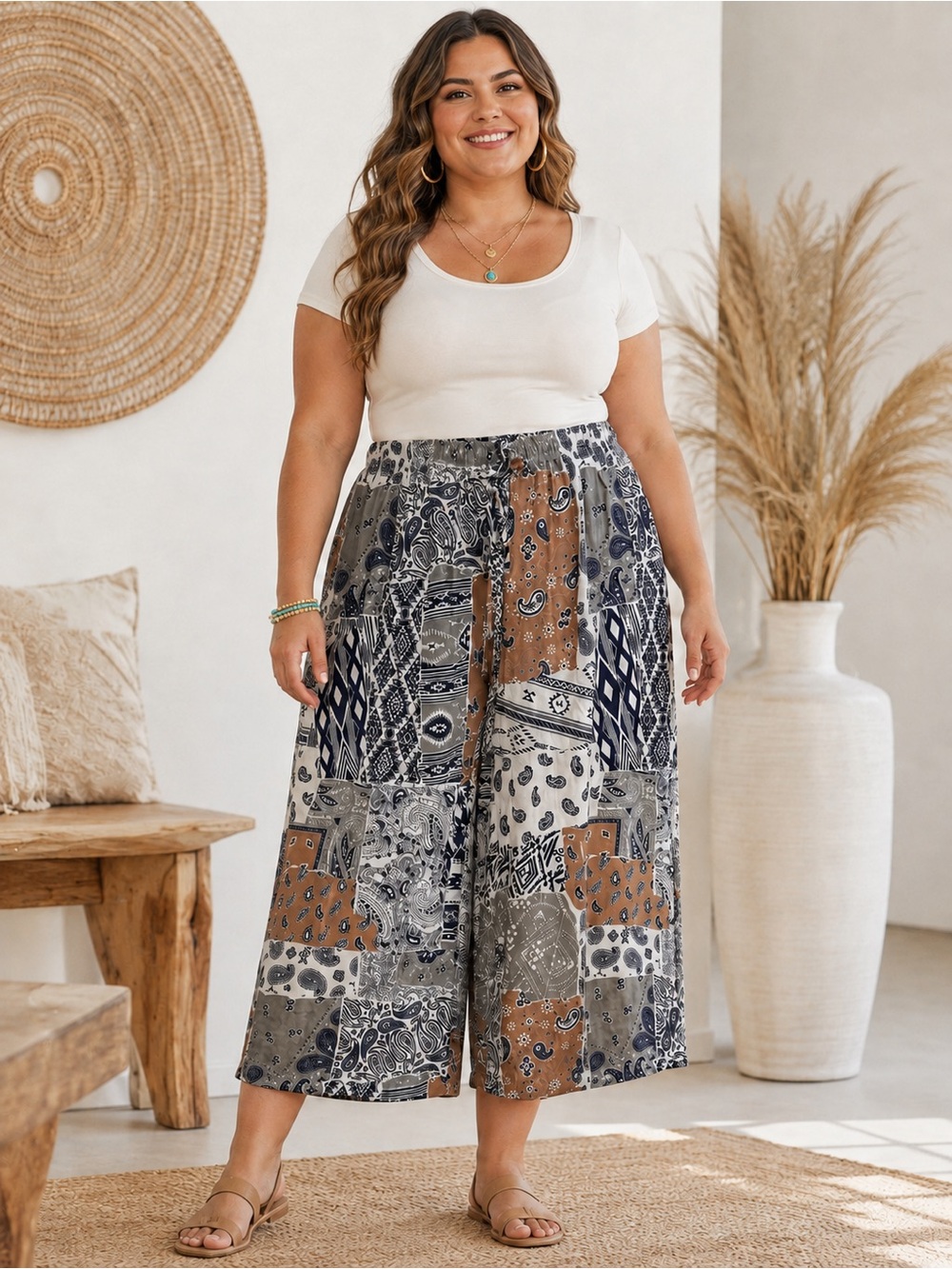 NWT Raj 100% Cotton Patchwork Print Wide-Leg Crop Pants Size XL